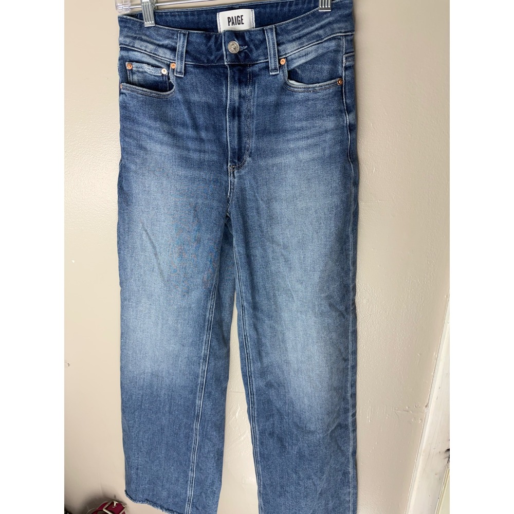 Paige Anessa High Rise Wide Leg Jeans Medium Wash Blue Raw Hem Size 25 31 Inseam
